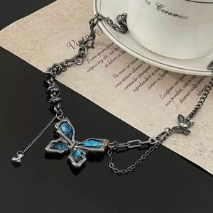 Gun metal Butterfly Pendant Necklace with Blue Crystals
